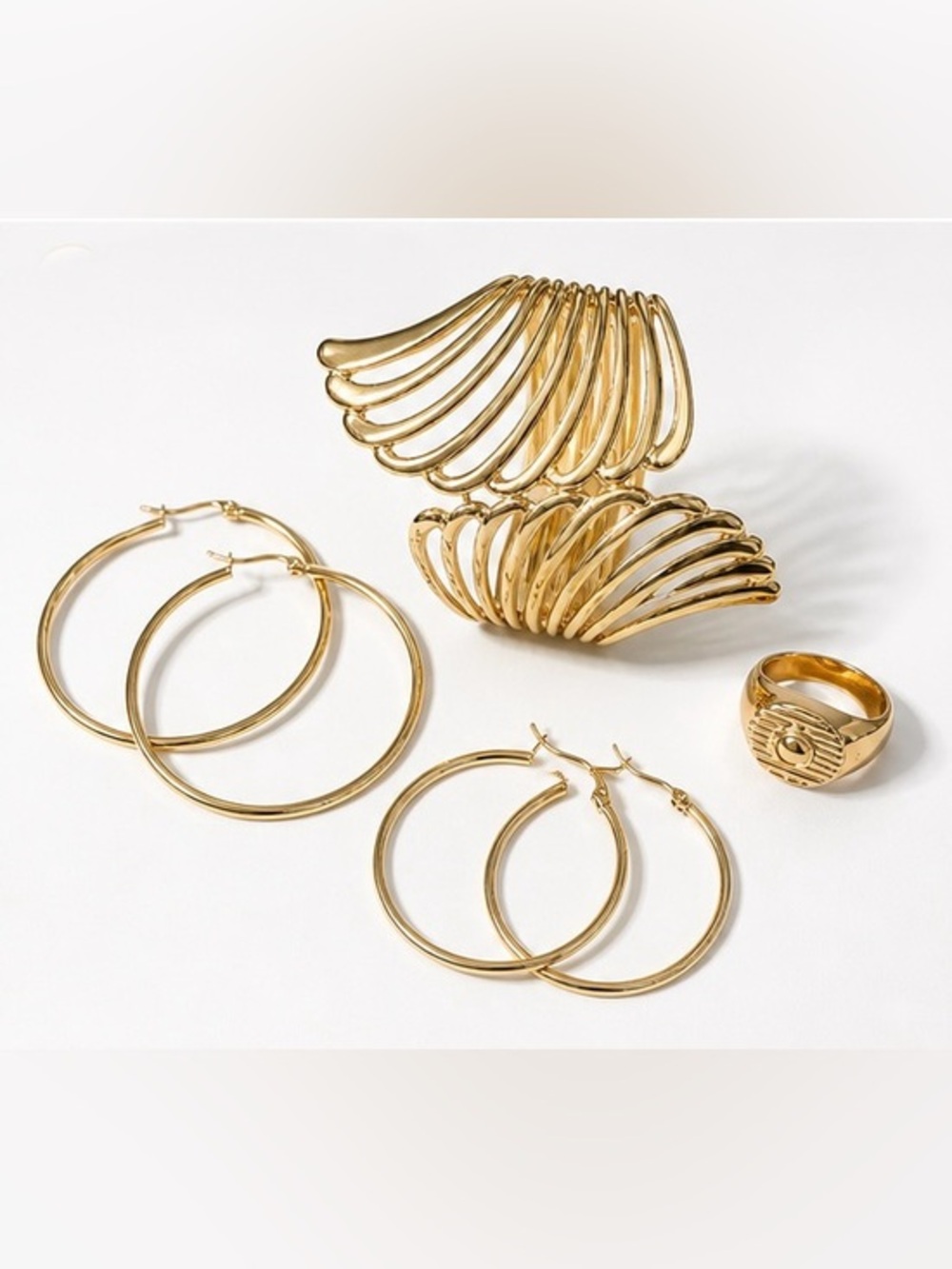 💫Gold Tone Statement Jewelry Set | Sculptural Cuff, Ring & Hoop Earrings✨